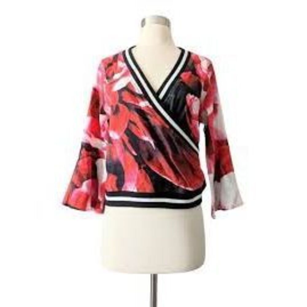 Nicole Miller Artelier Bell Sleeve Crossover Top Black Red Floral Summer Bold
